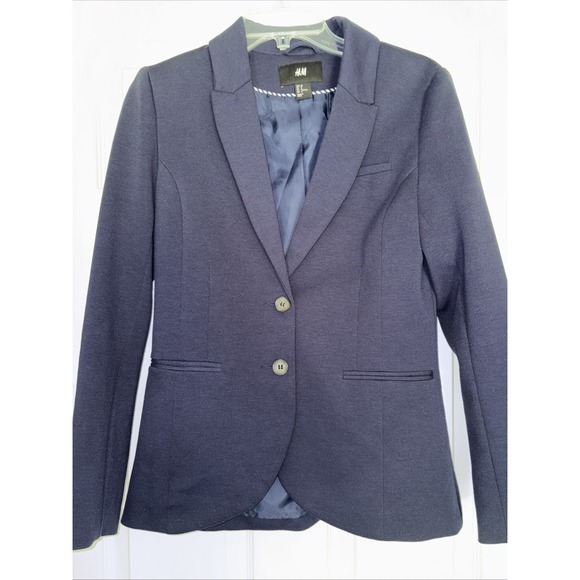 H‎ & M Women's Navy Blue Double Button Front Blazer Jacket Pockets Size 8 Lined - Picture 1 of 9